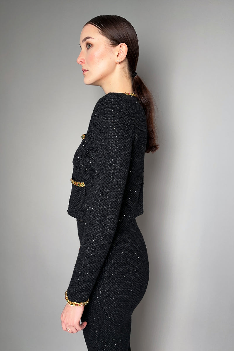 Self-Portrait Sequin Knit Cropped Jacket with Embellished Detail in Black- Ashia Mode- Vancouver, BC