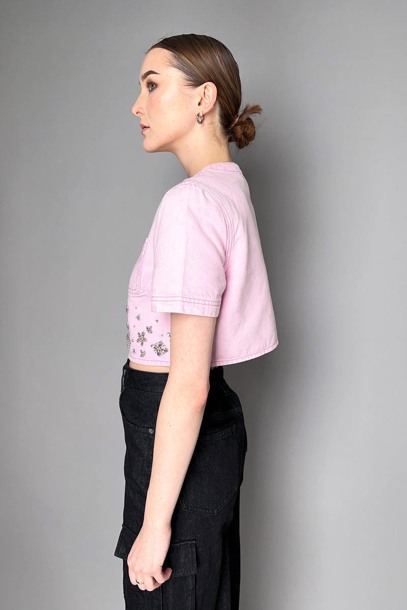 Self-Portrait Embellished Cropped Denim Top in Pink