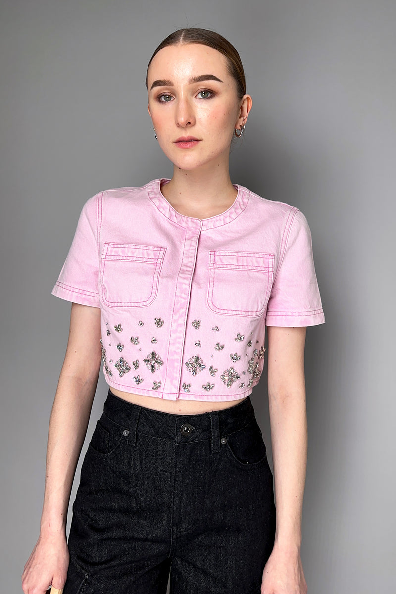 Self-Portrait Embellished Cropped Denim Top in Pink