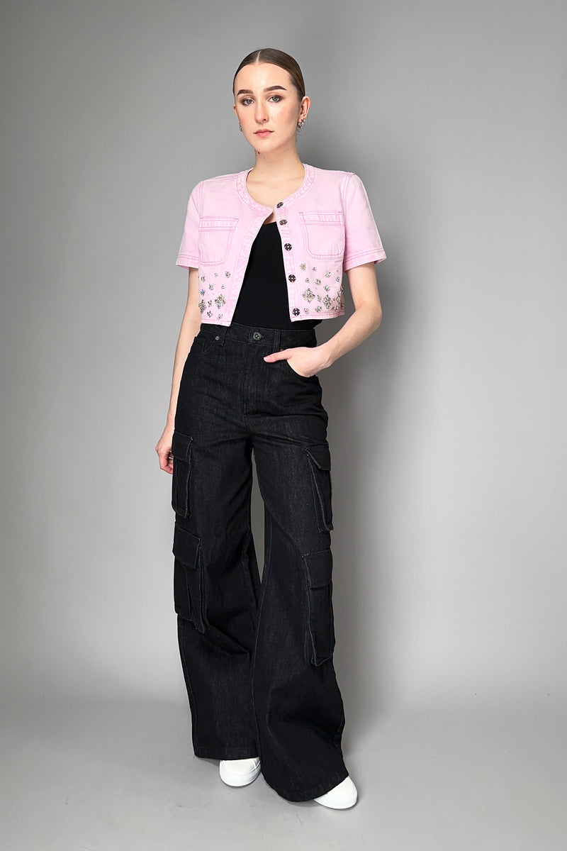 Self-Portrait Embellished Cropped Denim Top in Pink Vancouver. Shop Online or in Store.