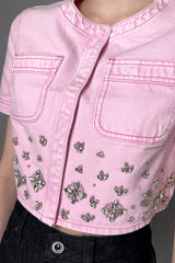 Self-Portrait Embellished Cropped Denim Top in Pink Vancouver. Shop Online or in Store.
