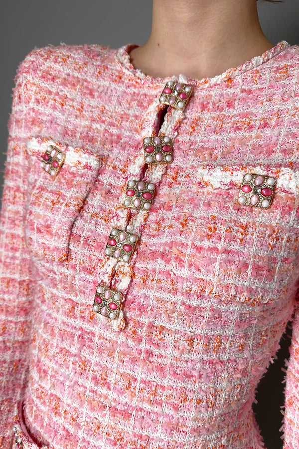 Self-Portrait Cotton Bouclé Check Knit Mini Dress in Pink