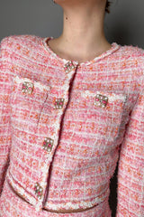 Self-Portrait Cotton Bouclé Check Knit Cardigan in Pink
