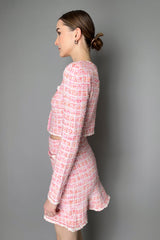 Self-Portrait Cotton Bouclé Check Knit Cardigan in Pink