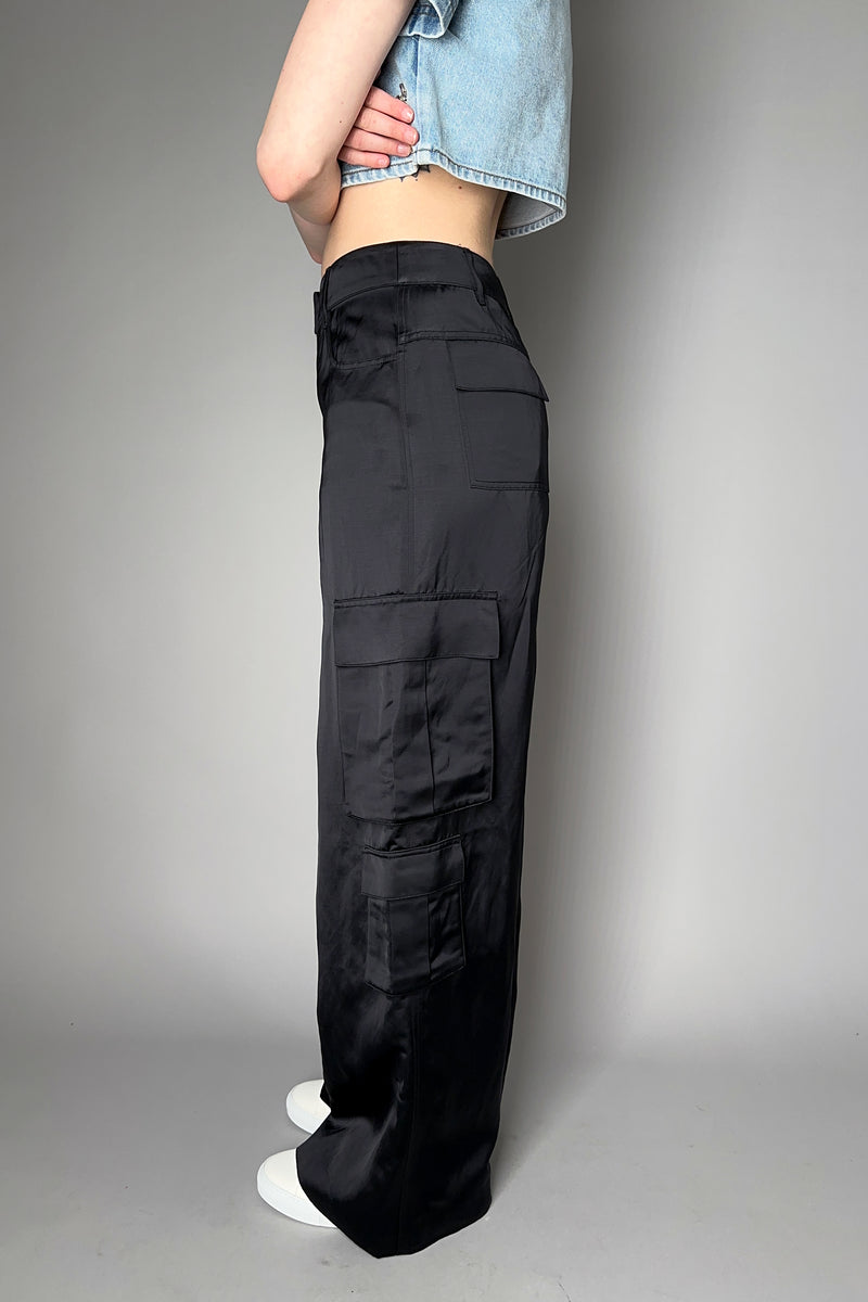 Self-Portrait Satin Cargo Trousers in Black