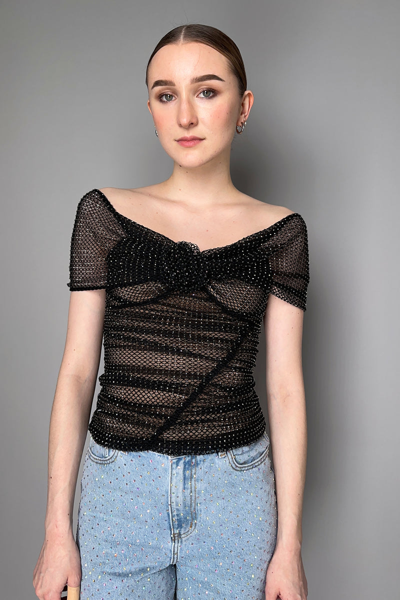 Self-Portrait Drappy Rhinestone Fishnet x Tulle Top in Black