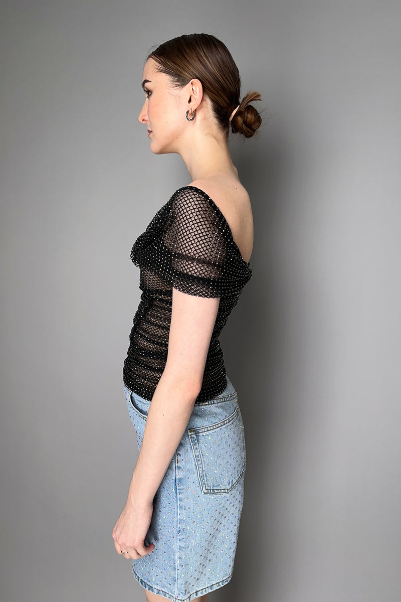 Self-Portrait Drappy Rhinestone Fishnet x Tulle Top in Black Vancouver. Shop Online or in Store.