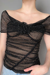 Self-Portrait Drappy Rhinestone Fishnet x Tulle Top in Black