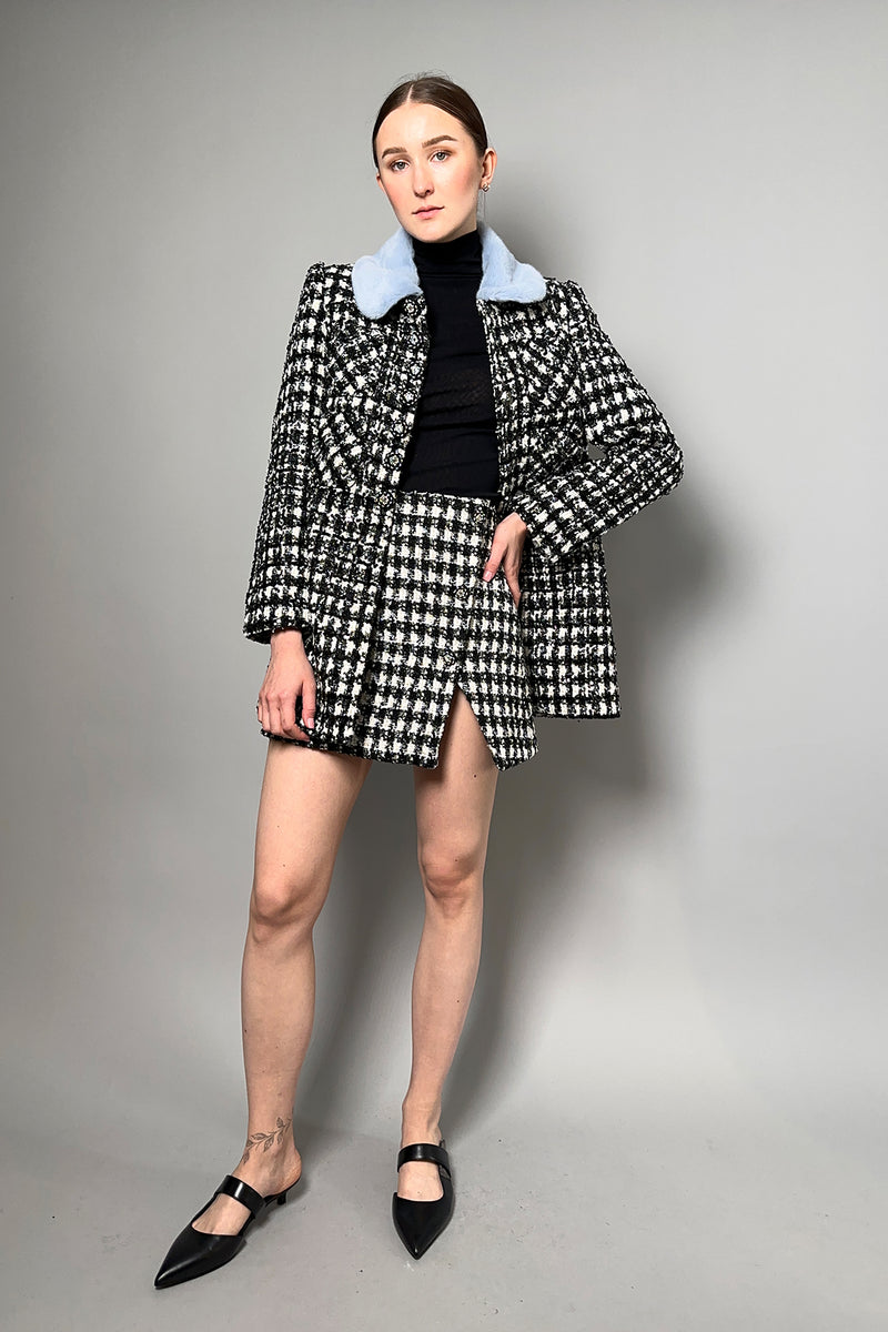 Self-Portrait Boucle Check Jacket with Faux Fur Collar in Black and White- Ashia Mode- Vancouver, BC