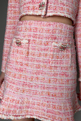 Self-Portrait Cotton Bouclé Check Knit Skirt in Pink