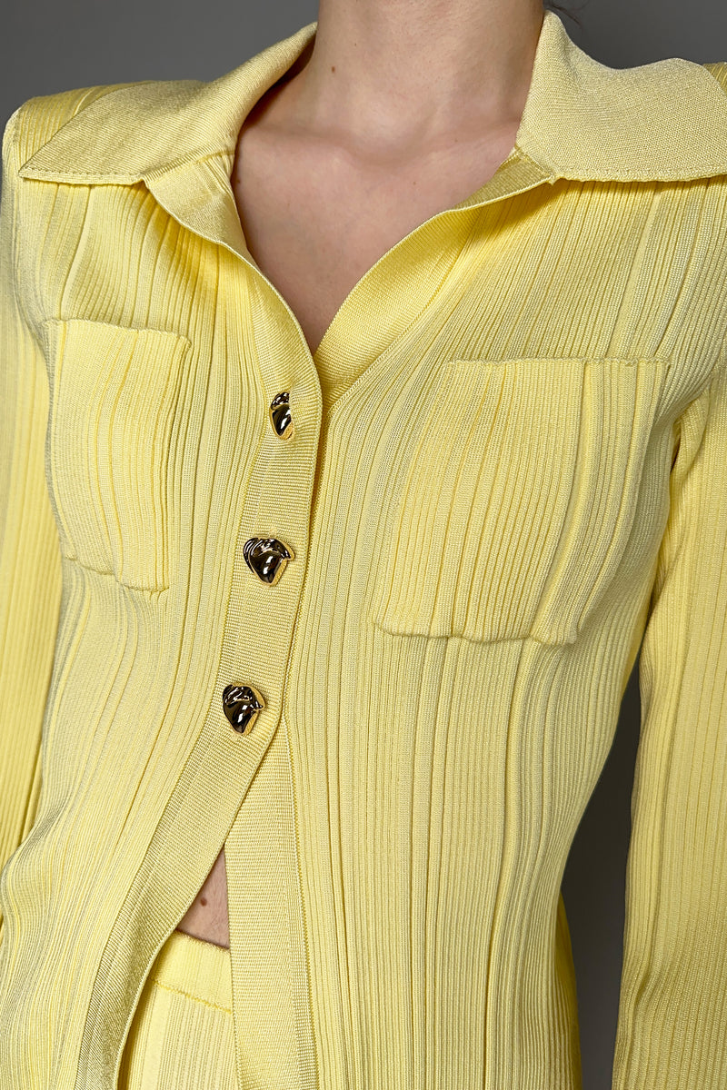 Self-Portrait Ribbed Viscose Knit Blouse in Yellow