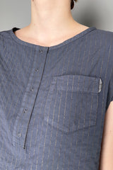 Tonet Gold Lurex Pinstripe Short Sleeve Shirt in Blue Grey