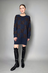 Tonet Knit Sweater Dress with Embroidery and Sequins in Navy and Brown