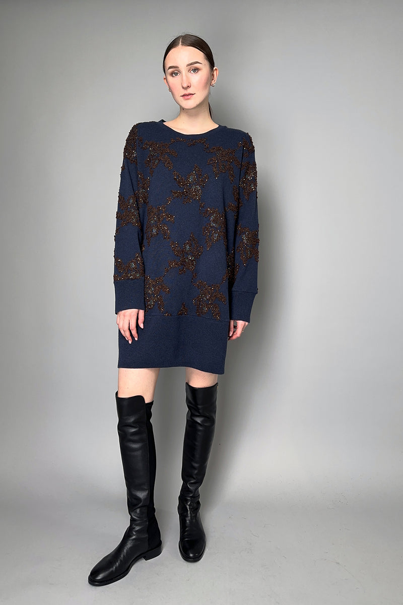 Tonet Knit Sweater Dress with Embroidery and Sequins in Navy and Brown
