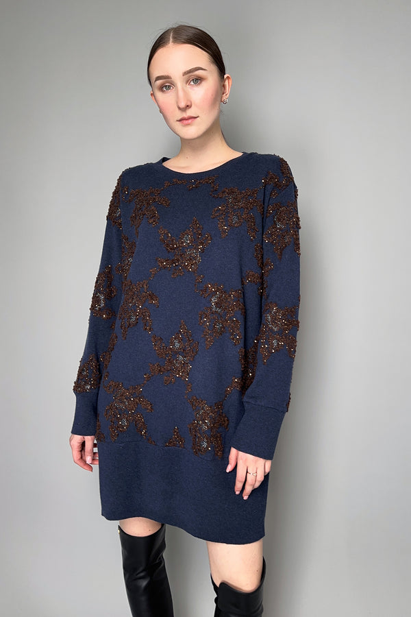 Tonet Knit Sweater Dress with Embroidery and Sequins in Navy and Brown