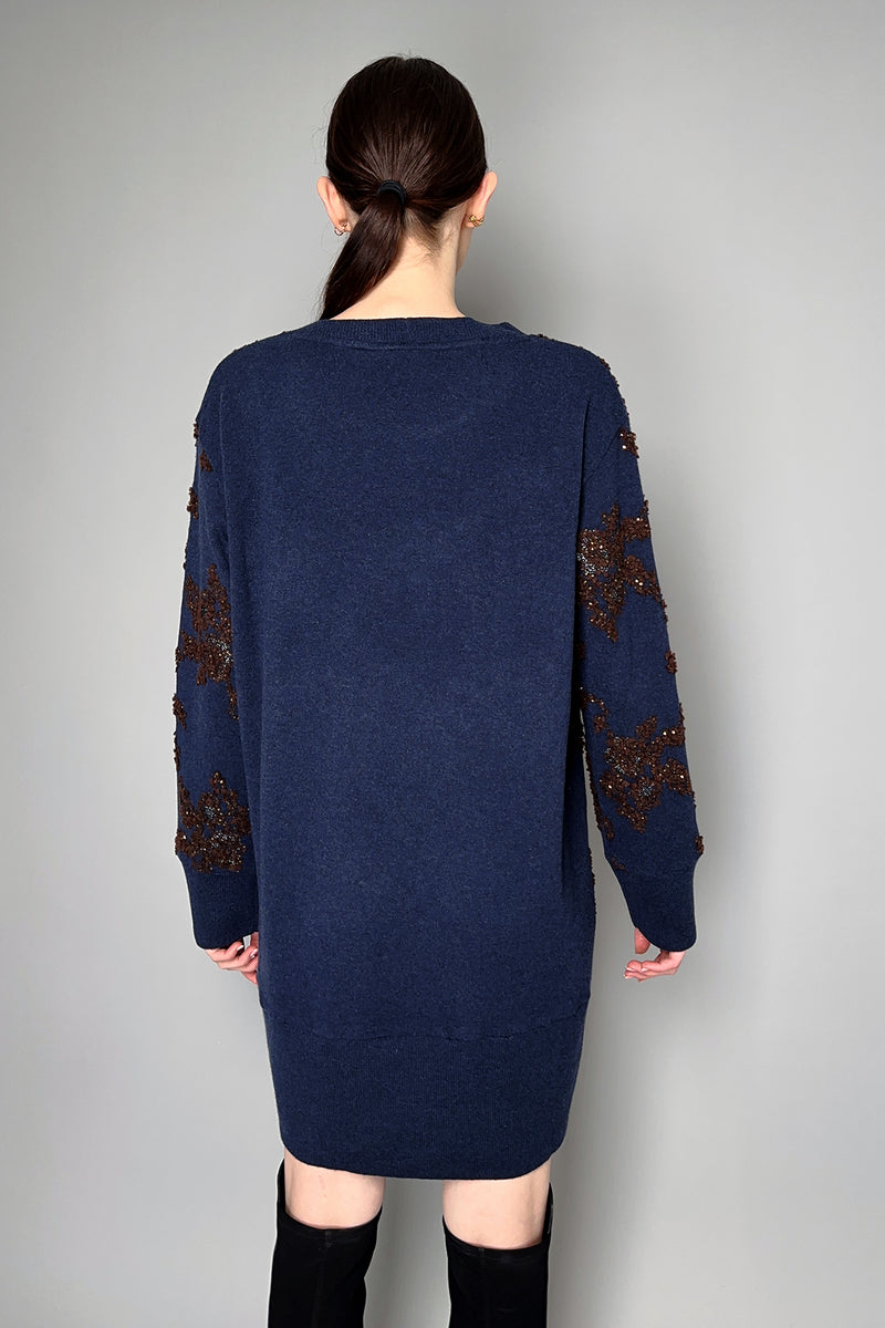 Tonet Knit Sweater Dress with Embroidery and Sequins in Navy and Brown