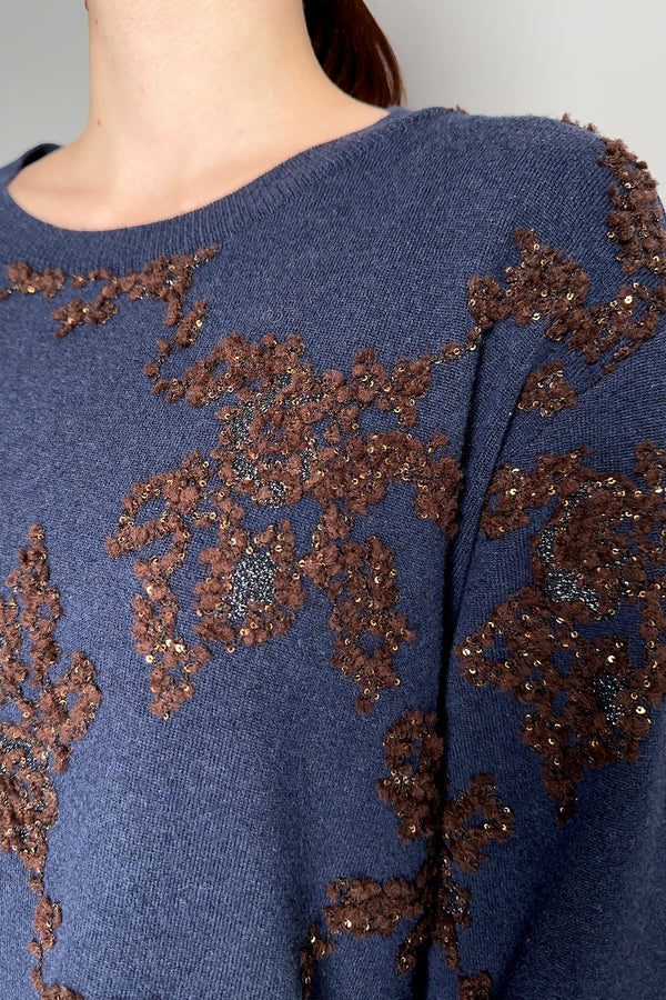 Tonet Knit Sweater Dress with Embroidery and Sequins in Navy and Brown