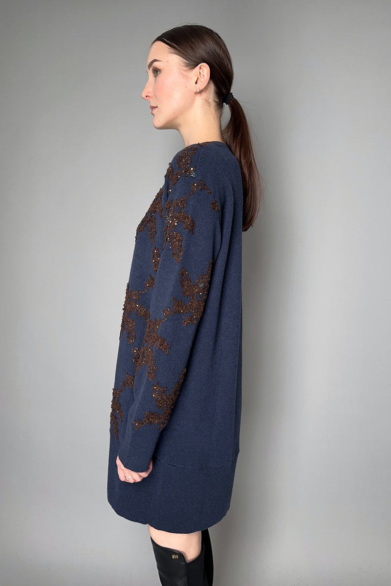 Tonet Knit Sweater Dress with Embroidery and Sequins in Navy and Brown