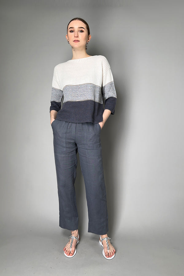 Tonet Knitted Tricolour Linen Sweater in White and Grey