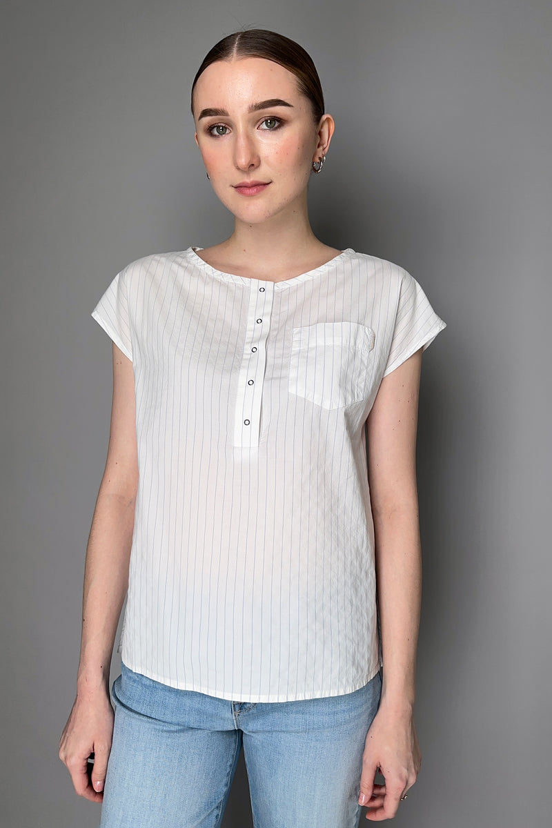 Tonet Blue Lurex Pinstripe Short Sleeve Shirt in White Vancouver. Shop Online or in Store.
