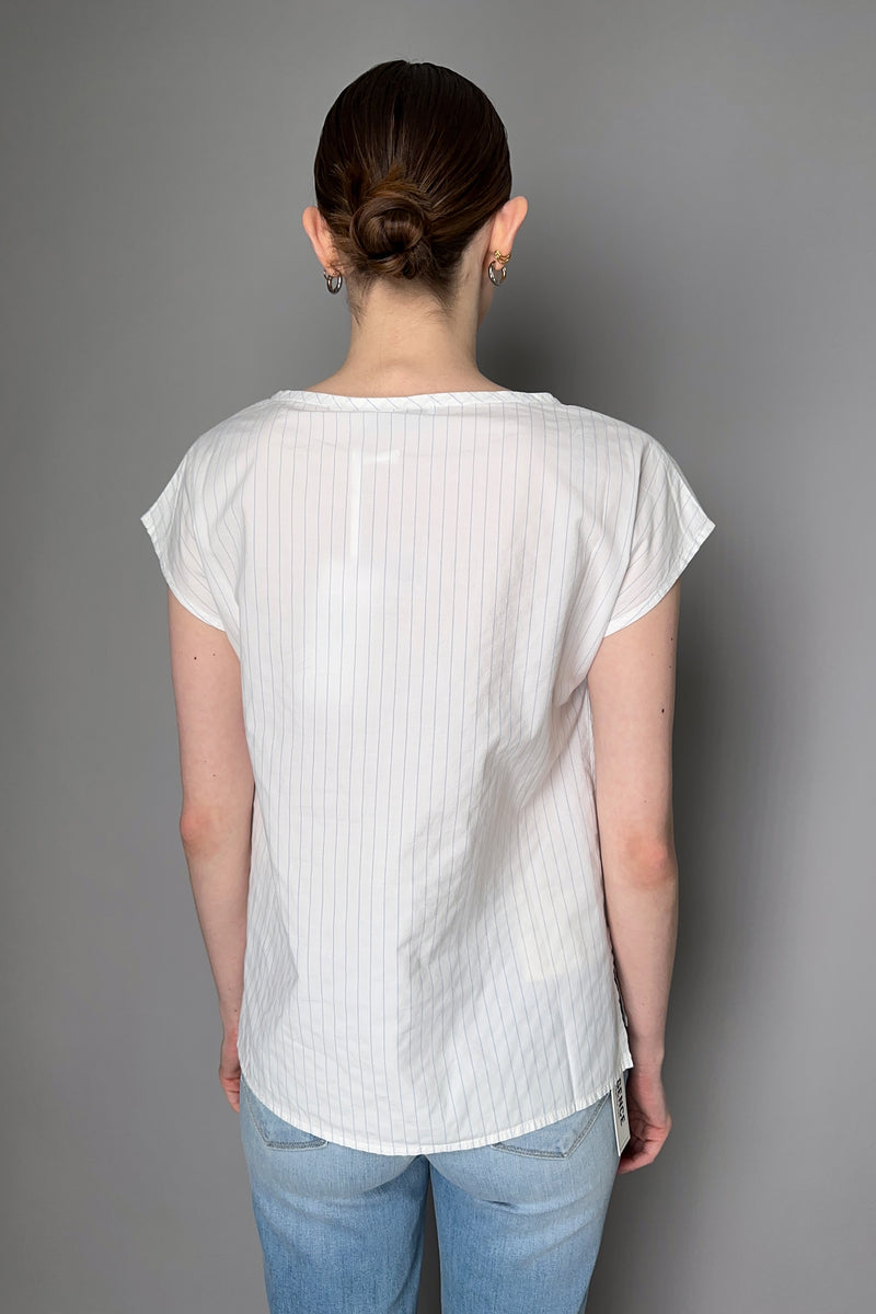 Tonet Blue Lurex Pinstripe Short Sleeve Shirt in White Vancouver. Shop Online or in Store.