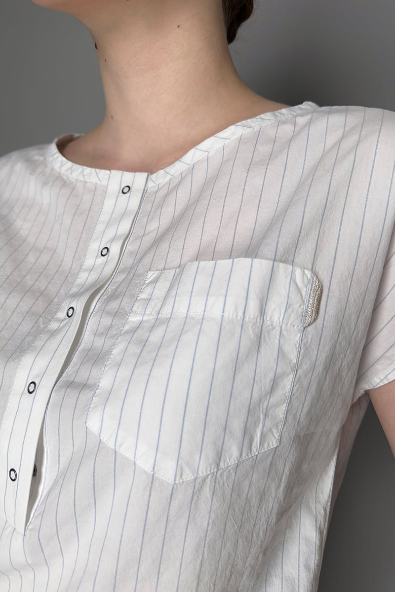 Tonet Blue Lurex Pinstripe Short Sleeve Shirt in White