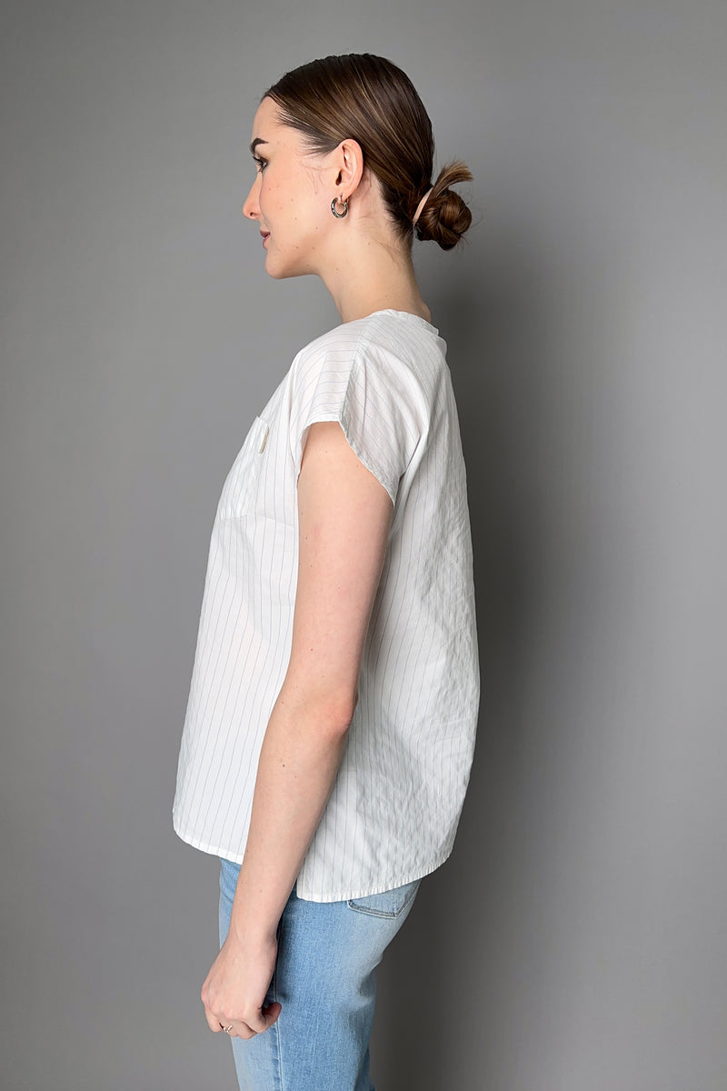 Tonet Blue Lurex Pinstripe Short Sleeve Shirt in White Vancouver. Shop Online or in Store.