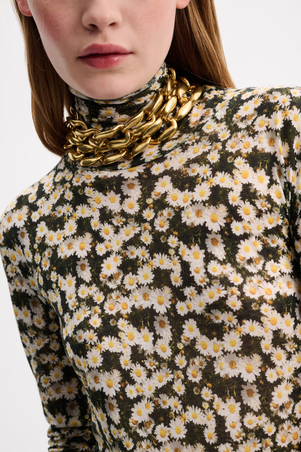 Dorothee Schumacher Dreamy Meadow Turtleneck Shirt with Daisy Print in Dark Green