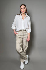 Antonelli Robinia Striped Wide Leg Linen Trousers with Lurex Stripe in Sandy Beige Vancouver. Shop Online or in Store.