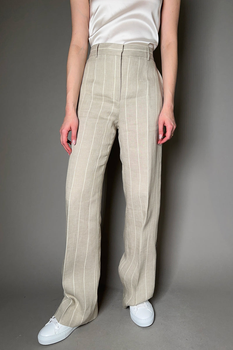 Antonelli Robinia Striped Wide Leg Linen Trousers with Lurex Stripe in Sandy Beige Vancouver. Shop Online or in Store.
