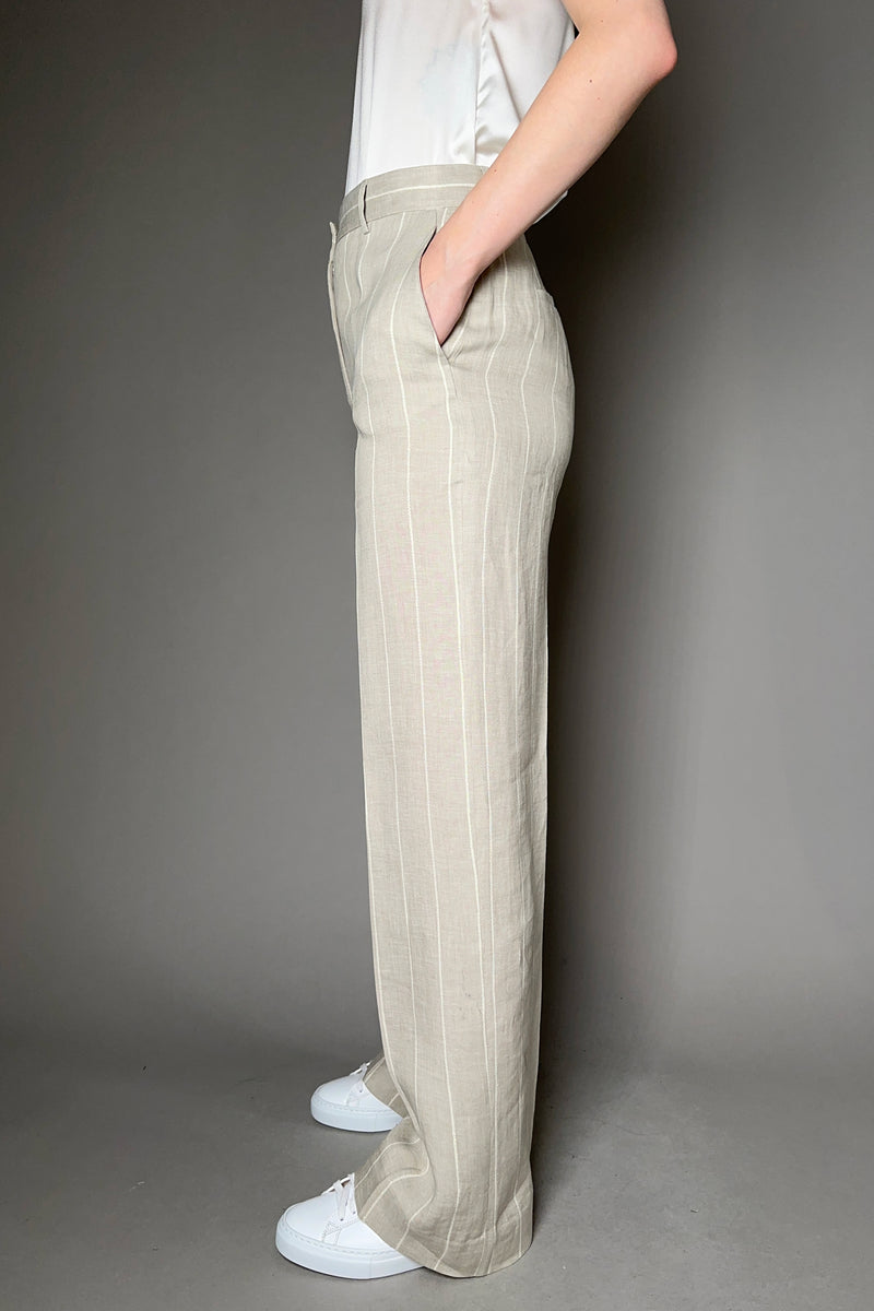 Antonelli Robinia Striped Wide Leg Linen Trousers with Lurex Stripe in Sandy Beige Vancouver. Shop Online or in Store.