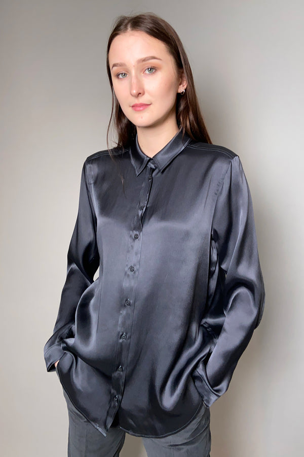Marella Collared Satin Blouse in Gunmetal - Ashia Mode