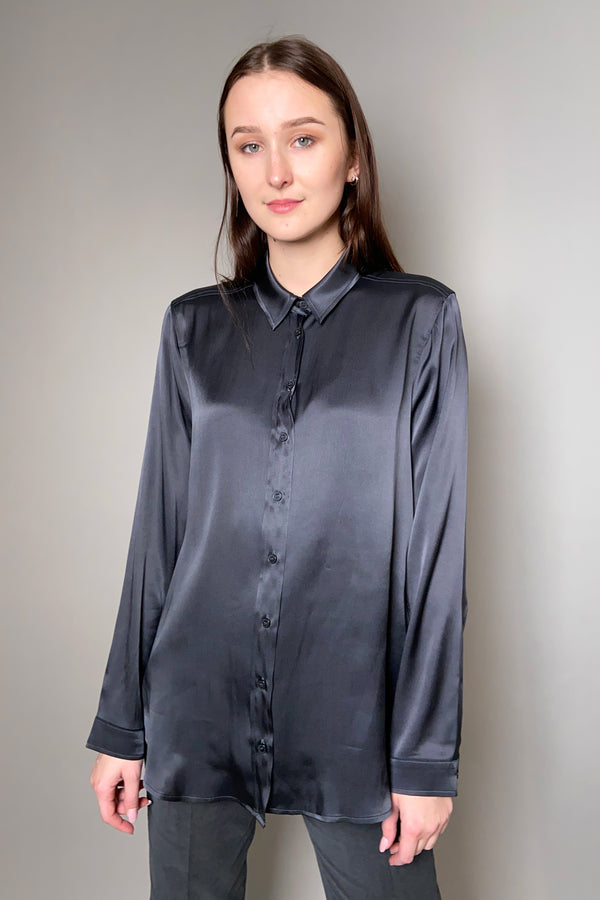 Marella Collared Satin Blouse in Gunmetal - Ashia Mode