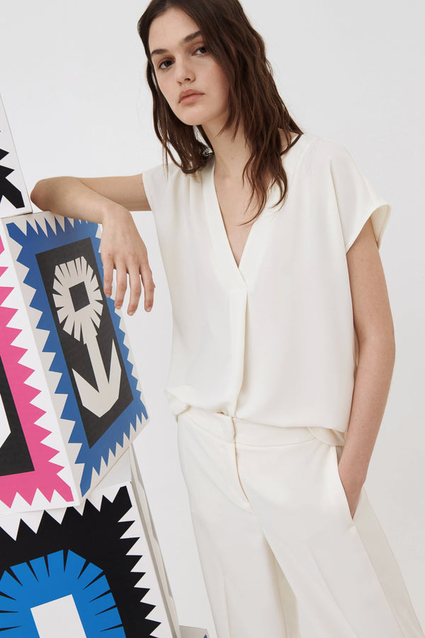 Marella Satin Cap Sleeve Blouse in Cream - Ashia Mode