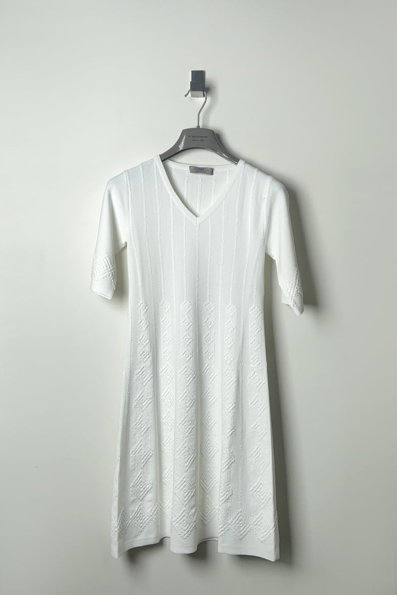 D. Exterior Knit Dress with Textured Geometric Pattern in White