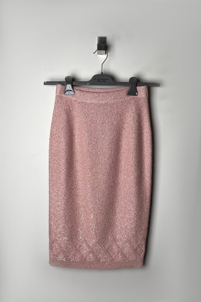 D. Exterior Knit Pencil Skirt with Sequin Sparkles in Rose Quartz