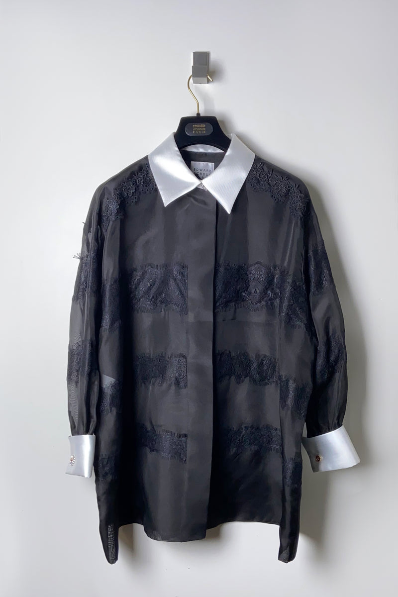 Edward Achour Oversized Organza Shirt in Black Lace