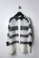 Edward Achour Oversized Organza Shirt in Ivory with Black Lace