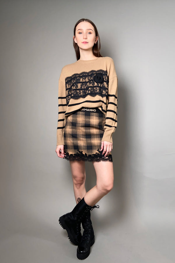 Ermanno Scervino Firenze Lace Striped Sweater in Camel and Black