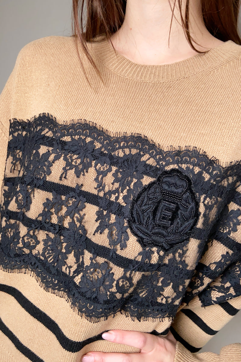 Ermanno Scervino Firenze Lace Striped Sweater in Camel and Black