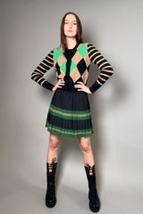 Ermanno Scervino Firenze Black Pleated Skirt with Horizontal Stripes in Green and Camel