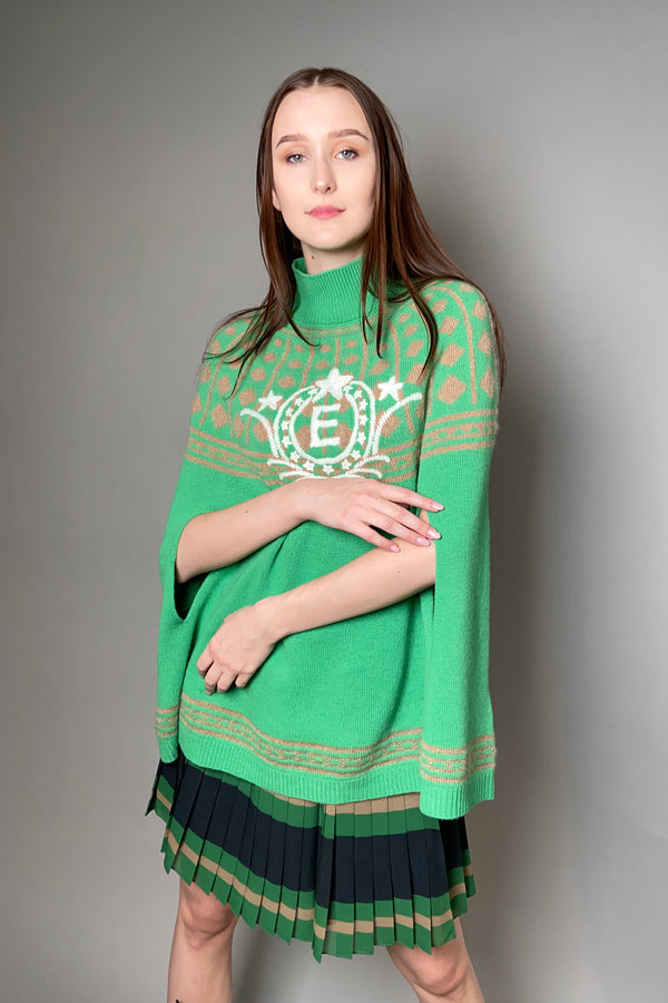 Ermanno Scervino Firenze Knit Poncho with Emblem in Green and Camel