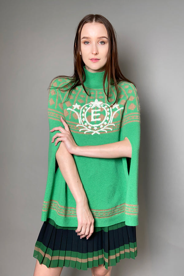 Ermanno Scervino Firenze Knit Poncho with Emblem in Green and Camel
