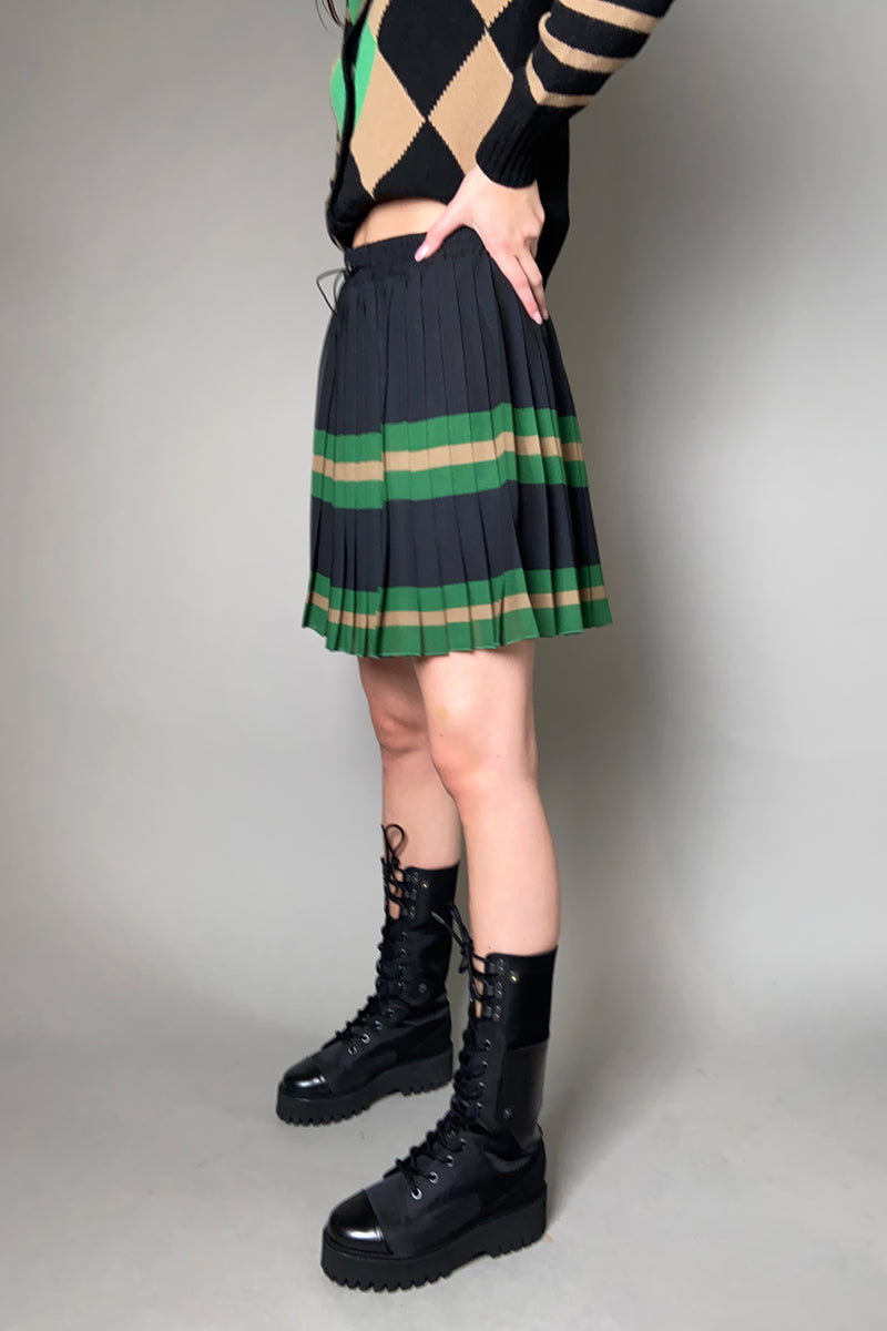 Ermanno Scervino Firenze Black Pleated Skirt with Horizontal Stripes in Green and Camel