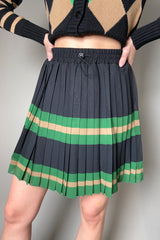 Ermanno Scervino Firenze Black Pleated Skirt with Horizontal Stripes in Green and Camel
