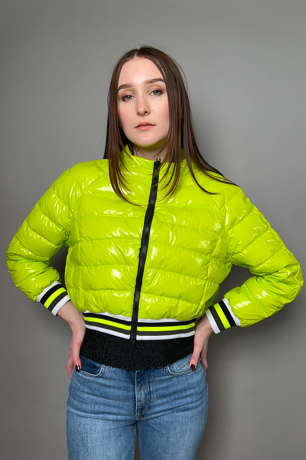 Herno New Arrivals Cropped High Gloss Padded Jacket in Acid Green - Ashia Mode