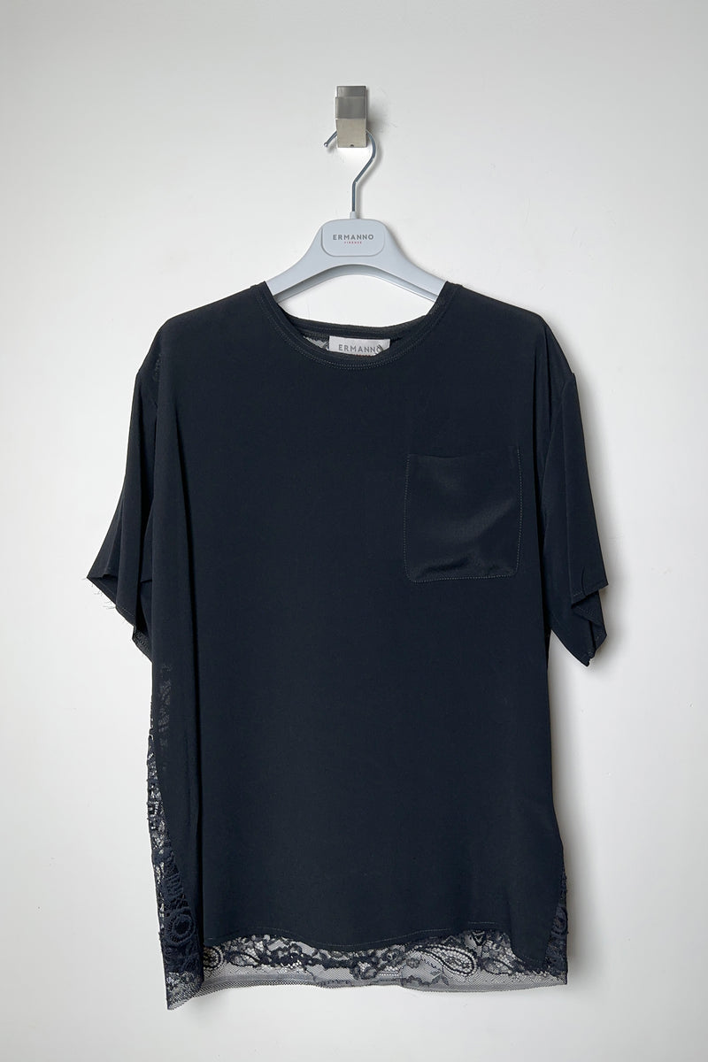 Ermanno Scervino Firenze Silk T-Shirt with Transparent Lace Back in Black