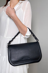 Fabiana Filippi Pebble Leather Shoulder Bag with Brilliant Chain in Black