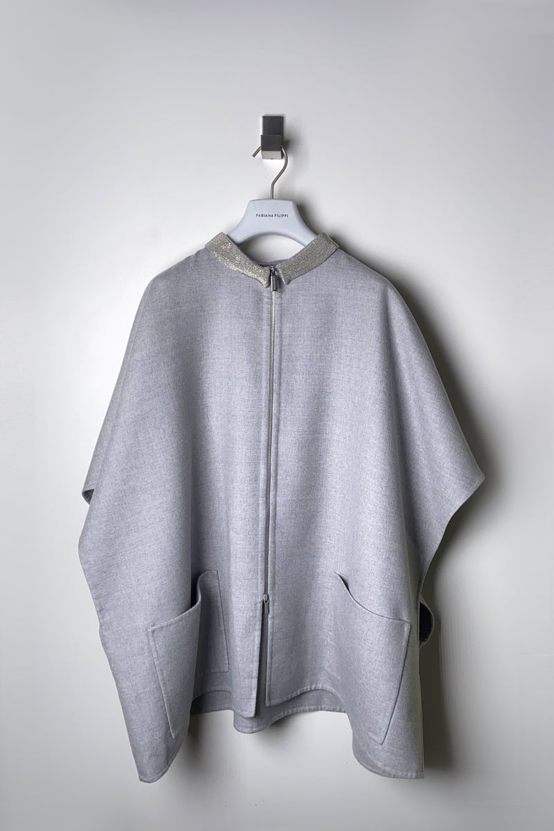 Fabiana Filippi Wool Silk Cape with Brilliant Collar in Grey