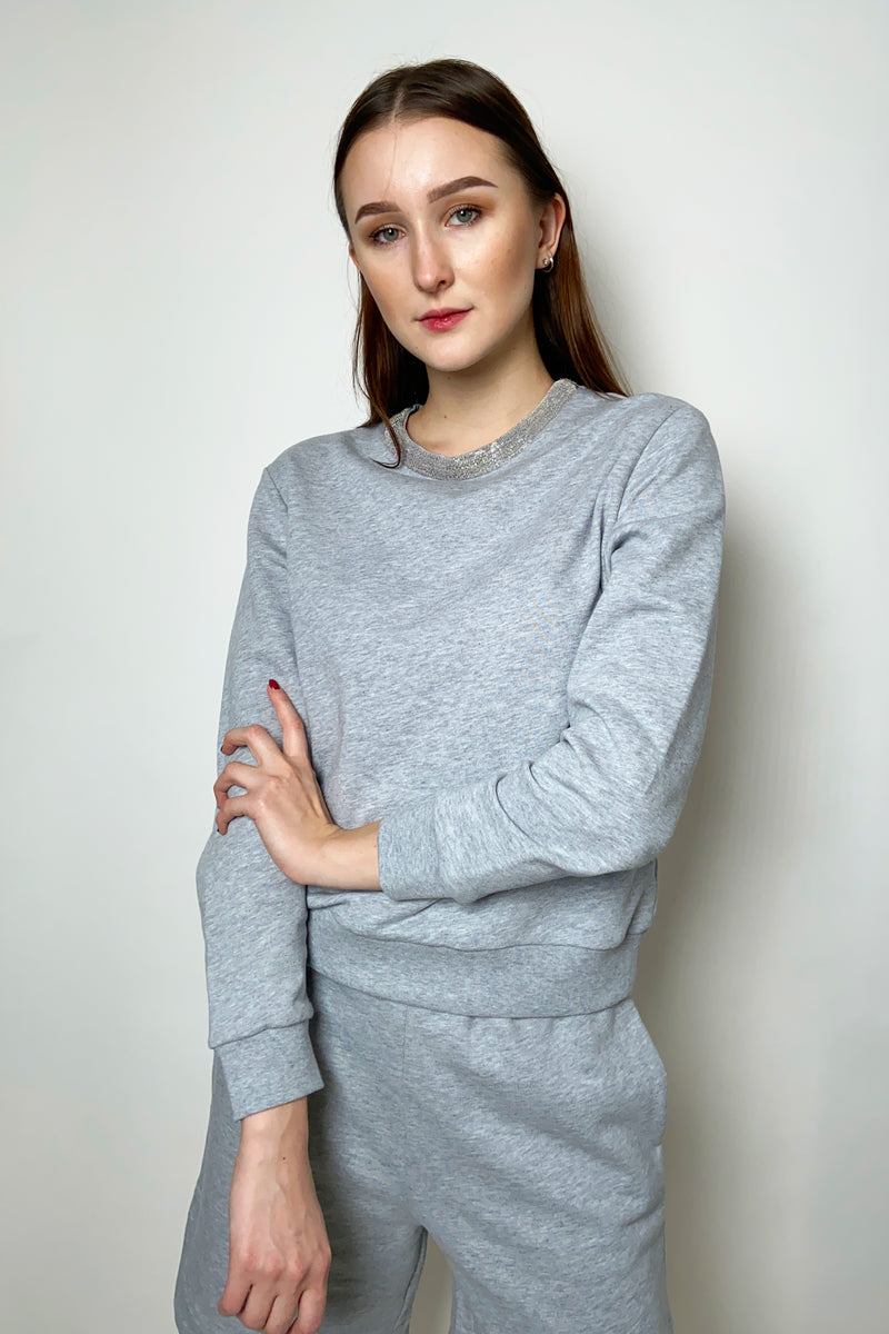 Fabiana Filippi Cotton Sweatshirt with Brilliant Beading Neck in Grey Melange